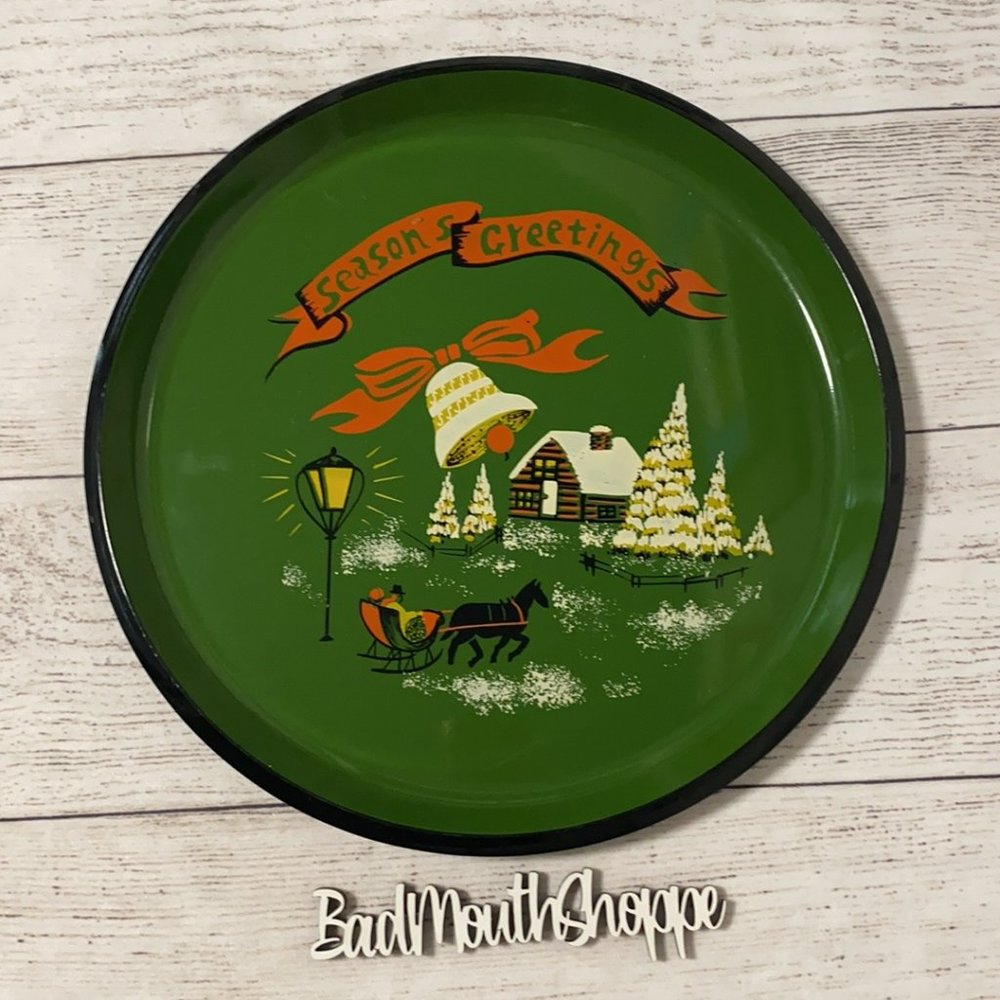 Vintage Retro Season's Greetings Melamine Round Serving Platter